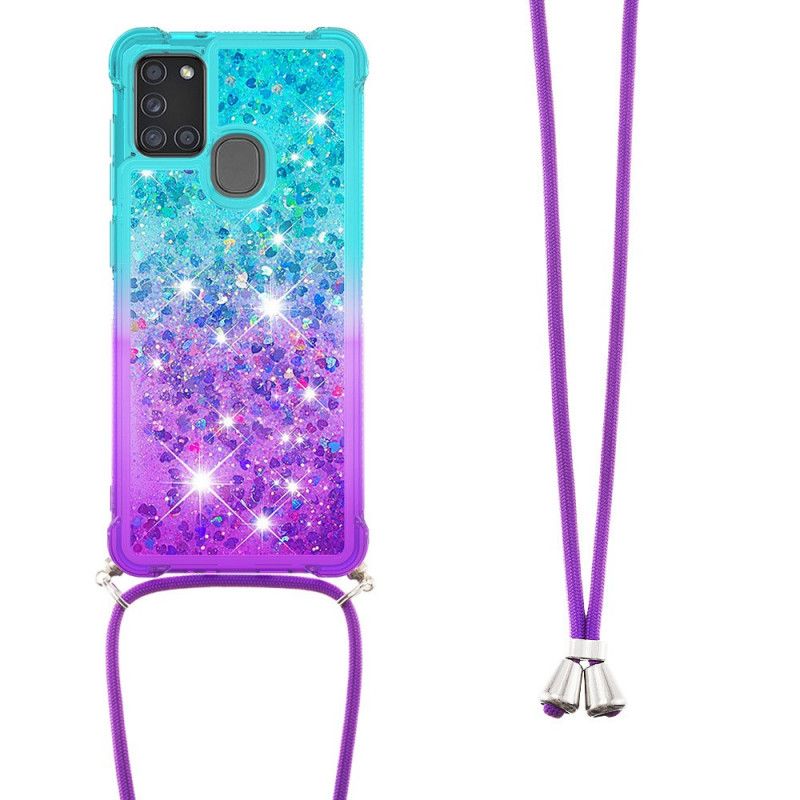 Kuori Samsung Galaxy A21s Vaaleansininen Vaaleanpunainen Silikoni Kimallus Ja Johto Suojakuori