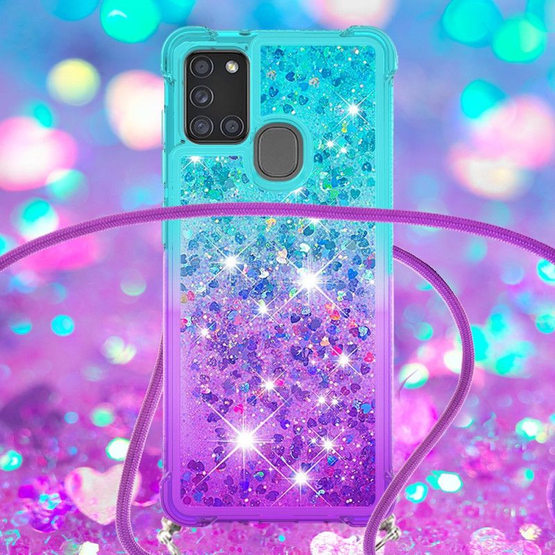 Kuori Samsung Galaxy A21s Vaaleansininen Vaaleanpunainen Silikoni Kimallus Ja Johto Suojakuori