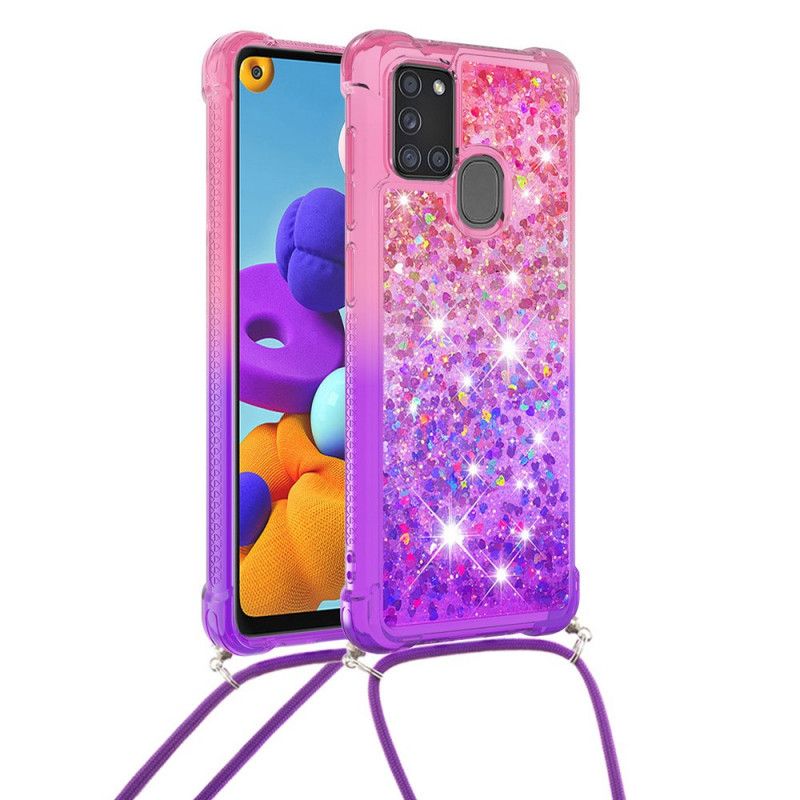Kuori Samsung Galaxy A21s Vaaleansininen Vaaleanpunainen Silikoni Kimallus Ja Johto Suojakuori