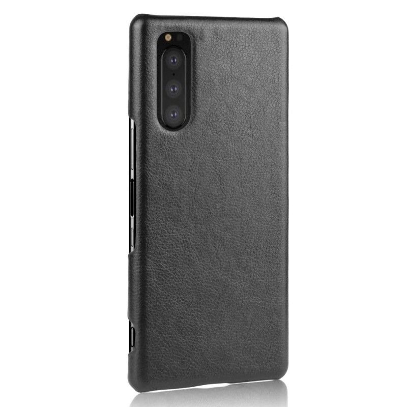 Kuori Sony Xperia 5 Harmaa Musta Litsi Nahkaa Suojakuori