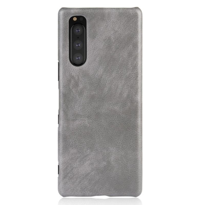 Kuori Sony Xperia 5 Harmaa Musta Litsi Nahkaa Suojakuori