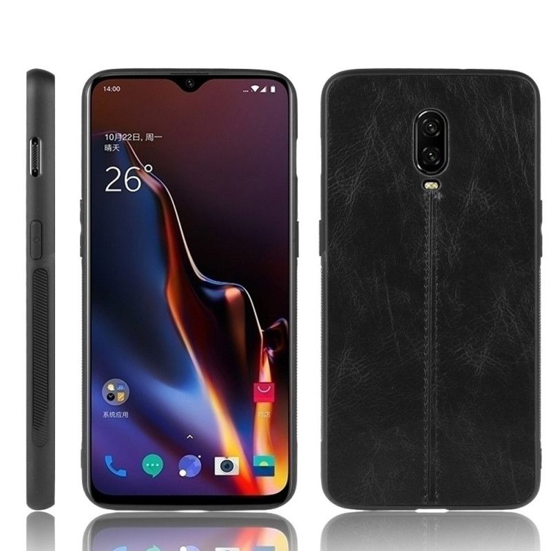 Kuori OnePlus 6T Punainen Musta Nahkainen Ommel Suojakuori