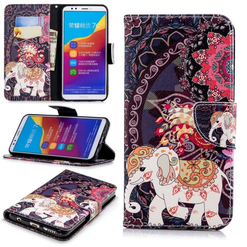 Nahkakotelo Huawei Y7 2018 Puhelinkuoret Etninen Elefanttimandala