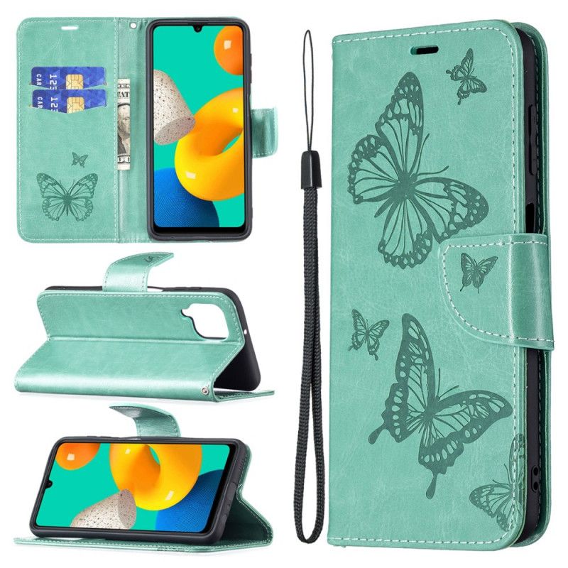 Flip Kotelot Samsung Galaxy M32 Perhosia Lennossa Kaulanauhan Kanssa Suojakuori