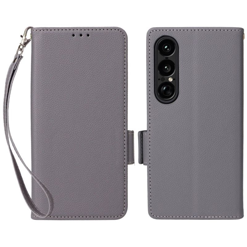 Nahkakotelo Sony Xperia 1 Vii Litsikuvio Hihnalla