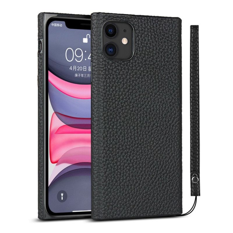 Kuori iPhone 11 Harmaa Musta Aitoa Litsi Nahkaa Hihnalla