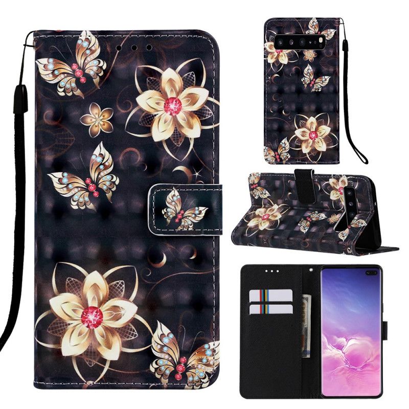 Nahkakotelo Samsung Galaxy S10 5G Puhelinkuoret Kultaiset Kukat